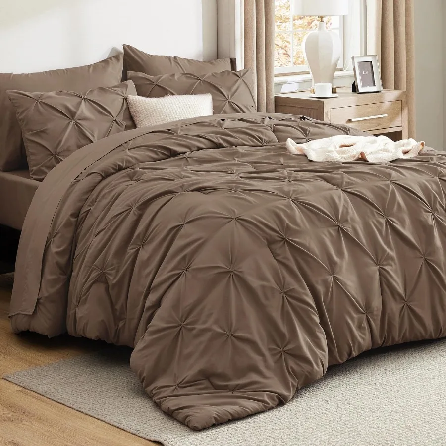 

Queen Comforter Set Brown Bed in a Bag 7 Pieces GentleSoft Pintuck Bedding All Season with Sheets Pillowcases Shams for Family
