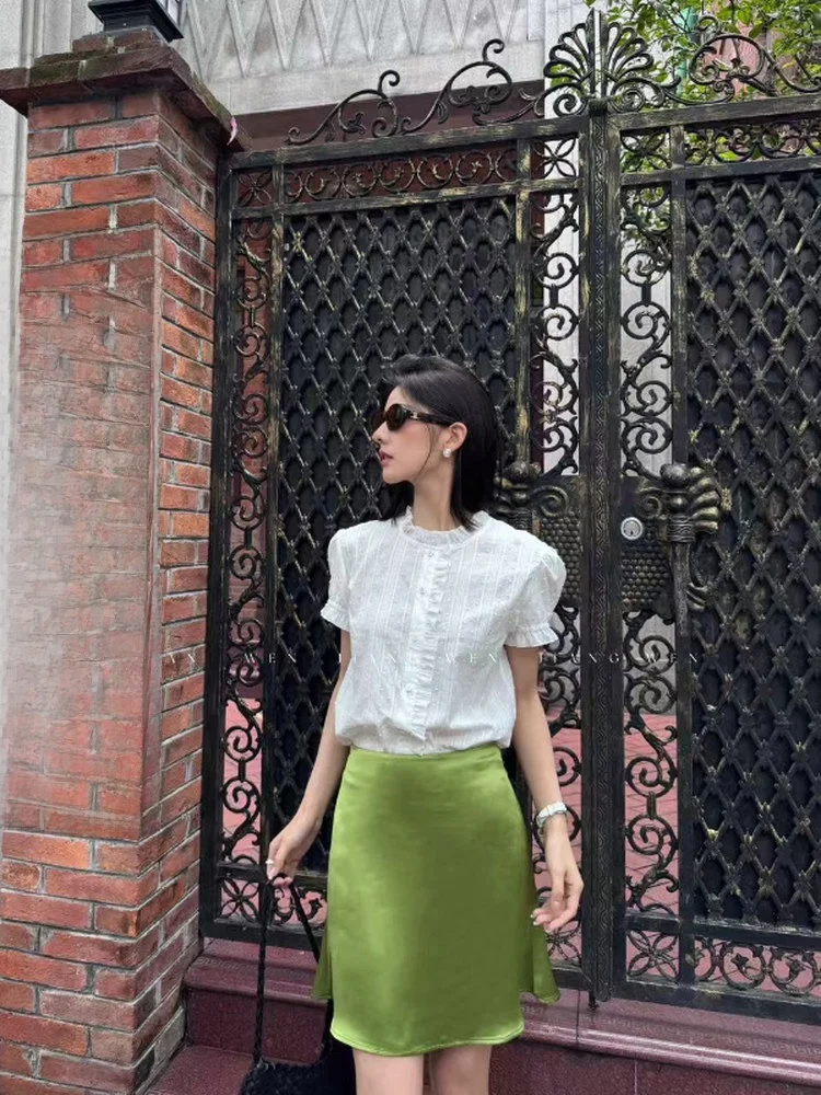 

Женская дышащая комфортная хлопковая футболка с круглым вырезом и короткими рукавами-фонариками во французском стиле, универсальная, изысканная.