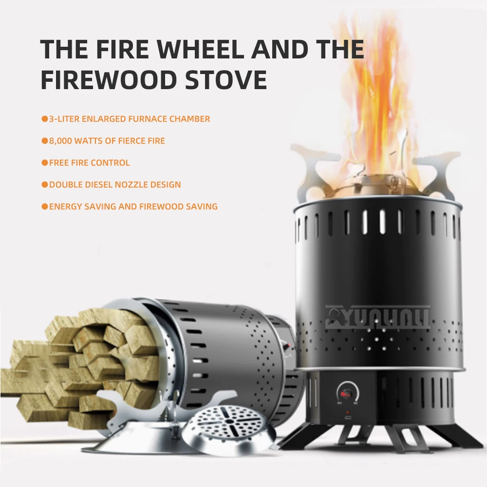 Portable Windproof Charcoal Camping Wood-Burning Stove,Windfire Wheels Outdoor Patio Wood-Burning Stove, Picnic Stove