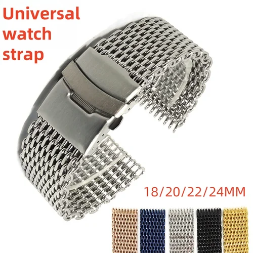 Correa de reloj Universal de malla de tiburón, pulsera plegable con hebilla de reloj, piezas de repuesto de reloj de acero inoxidable, 18/20/22/24mm