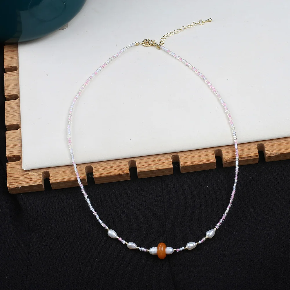 Japan and South Korea freshwater pearl yellow jade splicing millet bead necklace simple temperament versatile fresh niche