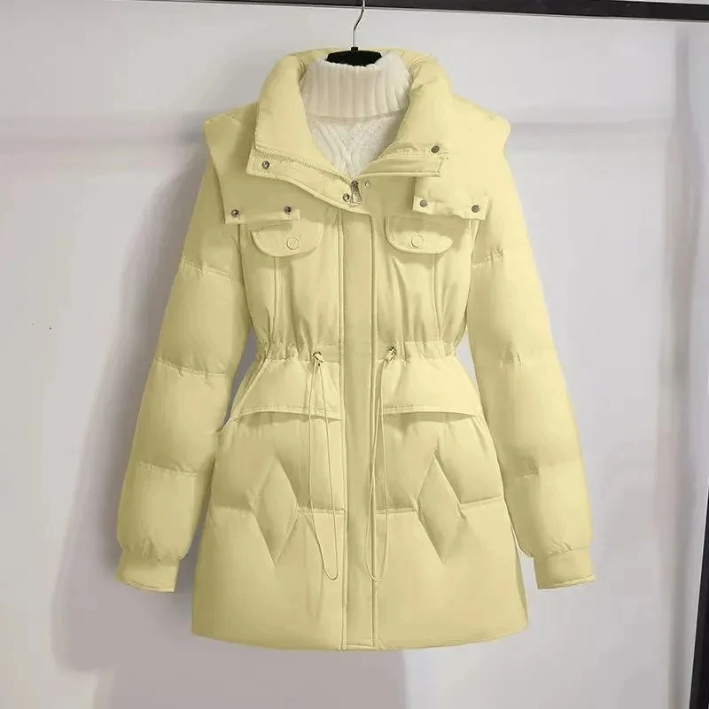 

2025 Winter Hooded Coat For women Medium long Korean version Loose Slimming Cotton Jacket Female Waist cinching Solid Casual Top