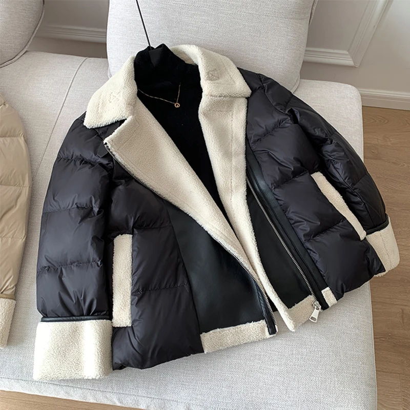 Giacca da moto invernale da donna High Street in pelle di agnello patchwork 90% piumino d'anatra bianco Lady spesso caldo capispalla in PU