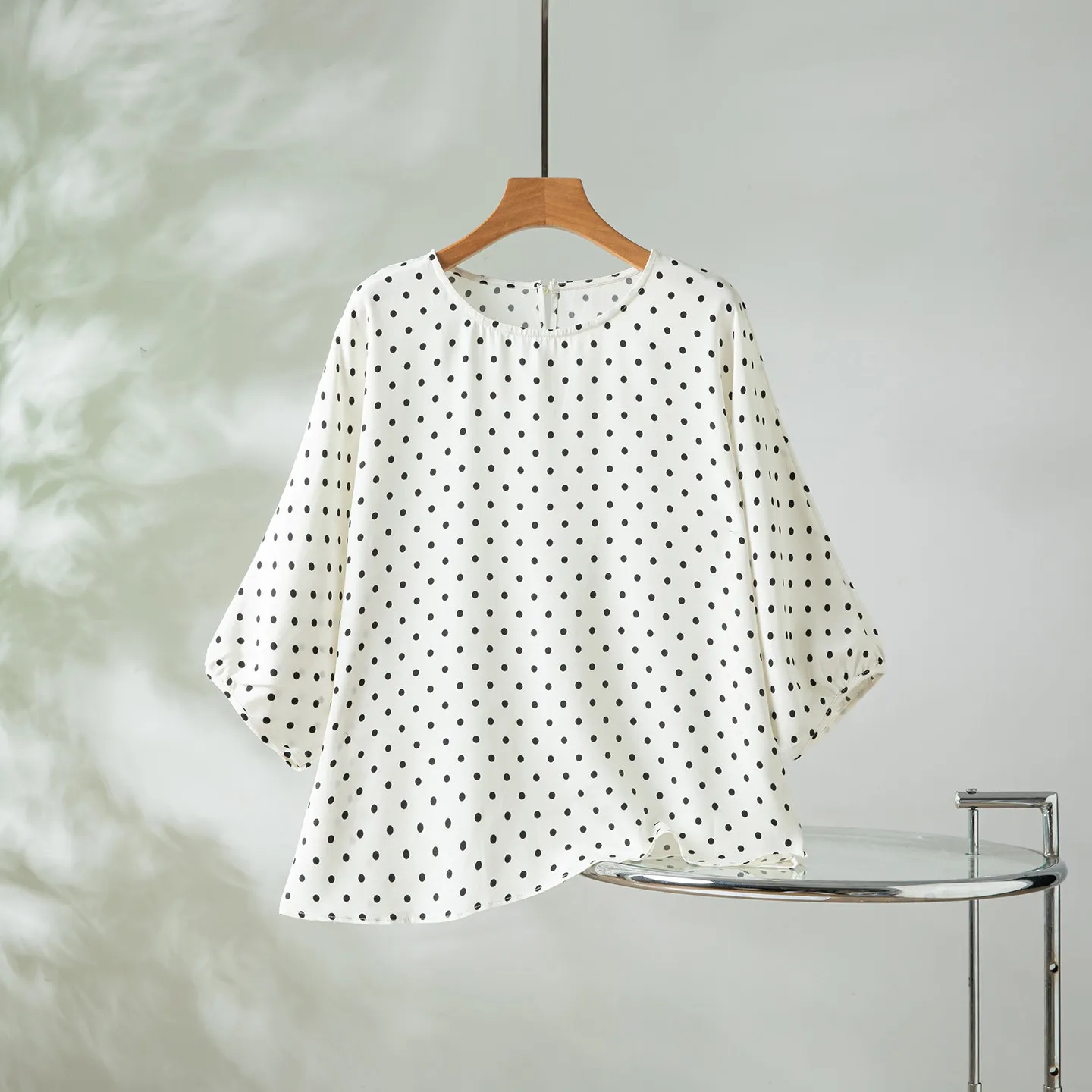 Winsleter-93%Silk 7%Spandex Elegant T-Shirt, Batwing Sleeve Dot Print, Women French Casual Loose Top, 2026 Summer New T66234CC
