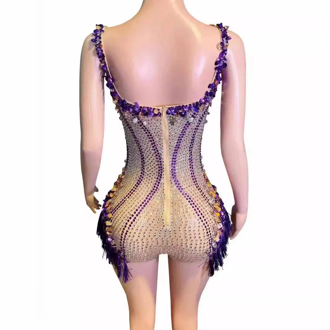 Luxury Diamonds Purple Sequins Tassels Sexy Bodysuit Evening Party Performance Costume Nightclub Singer Dancer Star Stage Wear