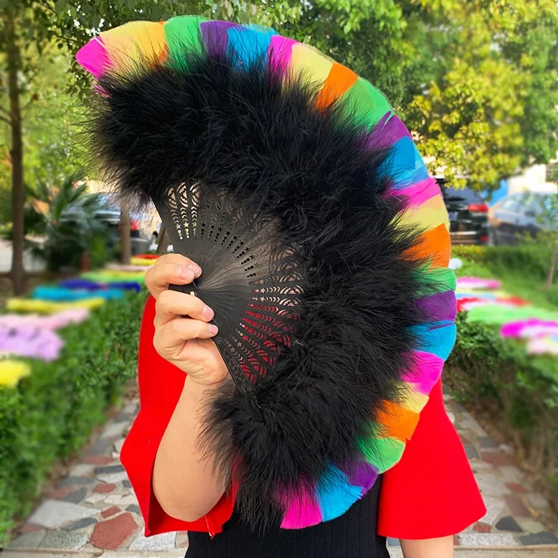 Rainbow Feather Folding Fan Stage Performance Dance Fan Lolita Feather Fan Photography Props Gifts Wedding Party Decoration
