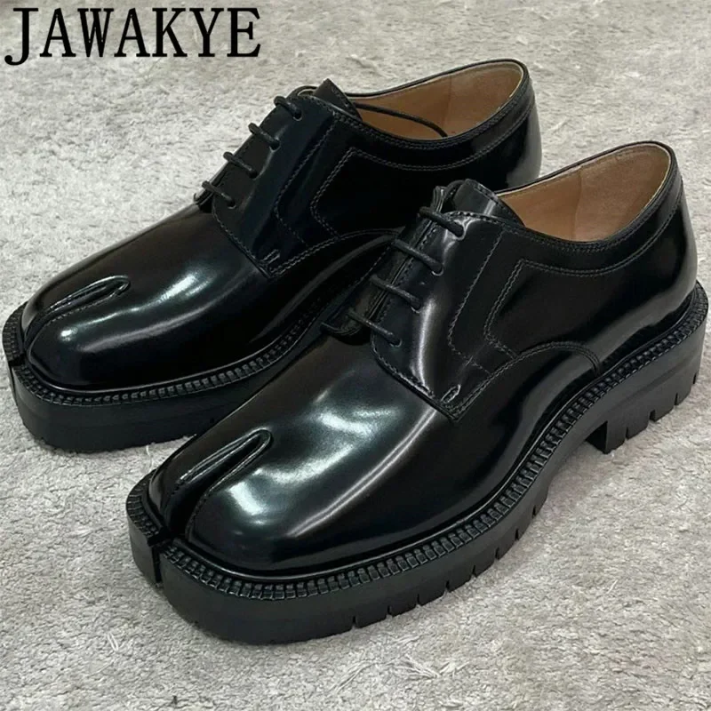 

Glossy Leather Black Platform Oxfords Shoes Women Thick Sole Split toe Tabi Shoes Casual Formal Office Ladies Career Shoes