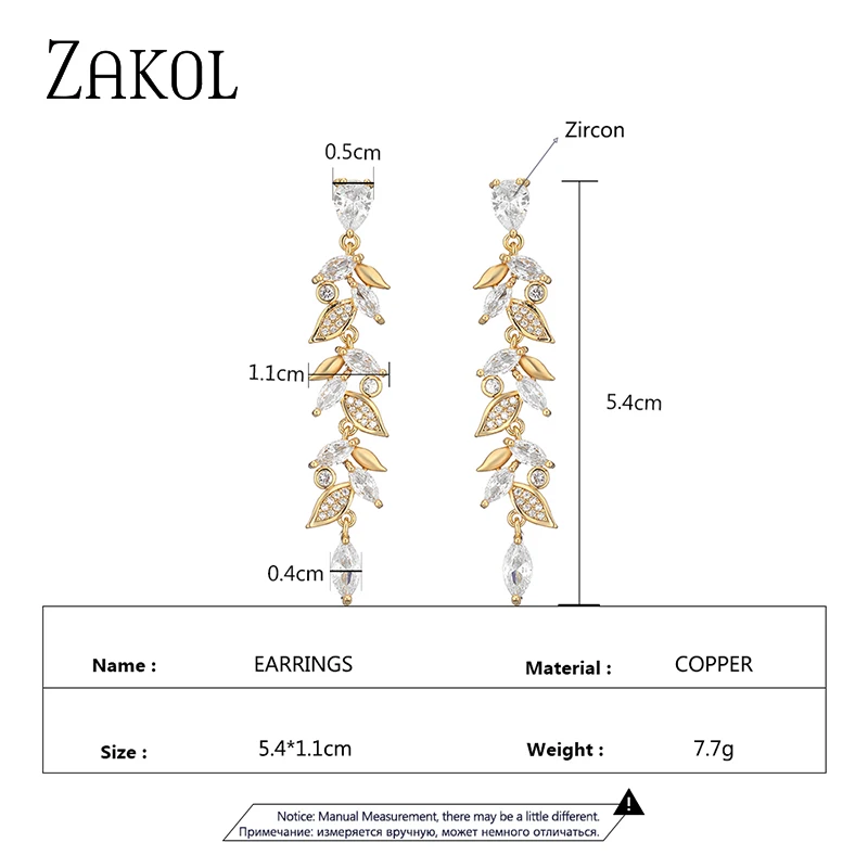 ZAKOL Exquisite Gold Color Leaf Drop Earrings for Women Tiny Cubic Zirconia Dangle Earring Elegant Korean Bridal Wedding Jewelry