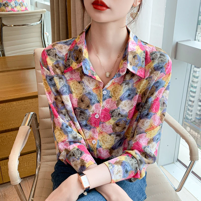 Women Spring Korean Fashion Loose Printing Silk Polo-Neck Long Sleeve Shirts Women Clothes Casual All-match Appear Thin Tops