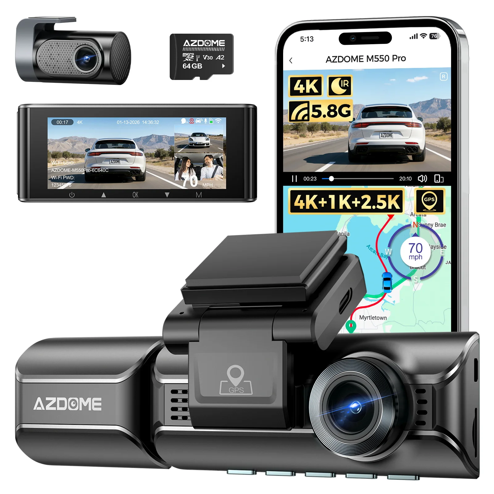 【DE Lagerhäuser】Neue AZDOME Dashcam 4K+1K+2.5K M550 Pro mit integriertem 5,8 GHz WLAN, GPS, ADAS, Auto-DVR, Nachtsicht und Parküberwachung