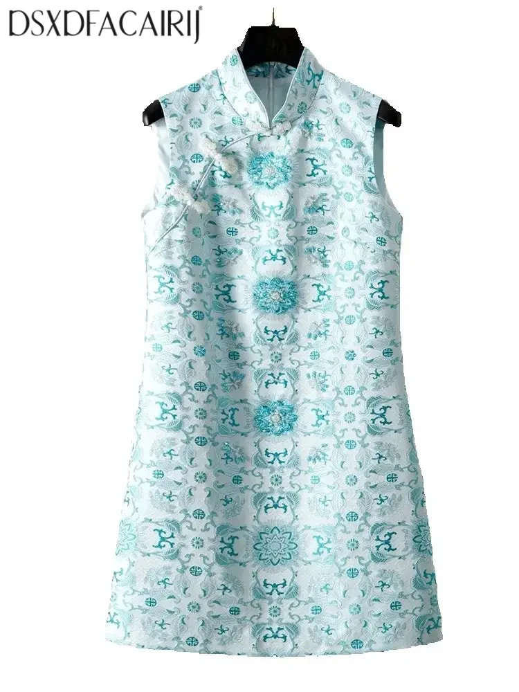 

DSFACAIRIJ женское винтажное жаккардовое мини-платье без рукавов с воротником-стойкой и бисером, летняя мода на пуговицах Discoid