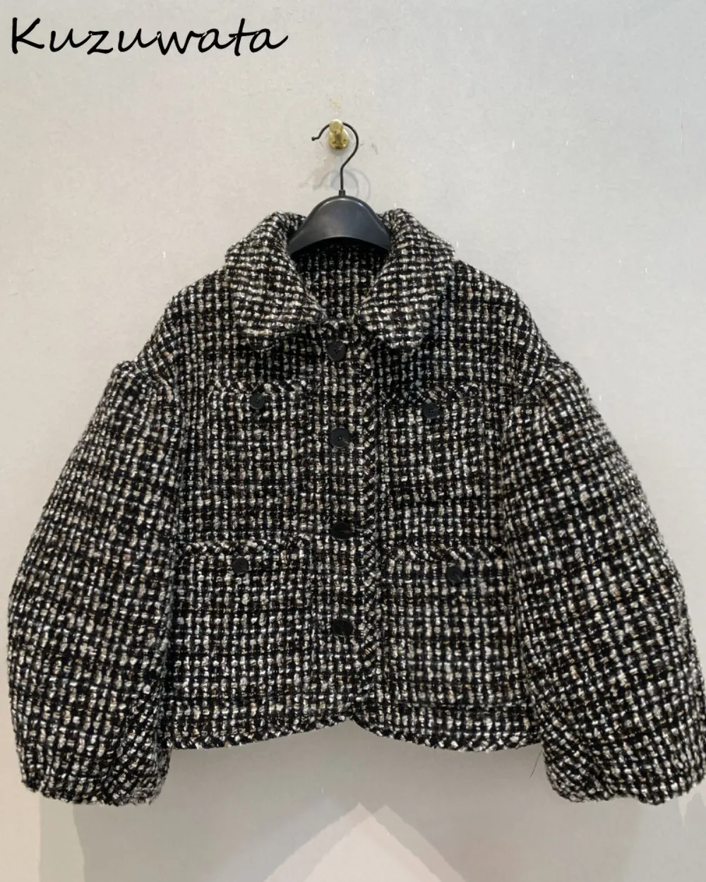 Kuzuwata New Turn-Down Collar Puff Sleeve Wool Coat Vintage Warm Elegant Single Breasted Jacket Japan Casual Tweed Moda Outwears