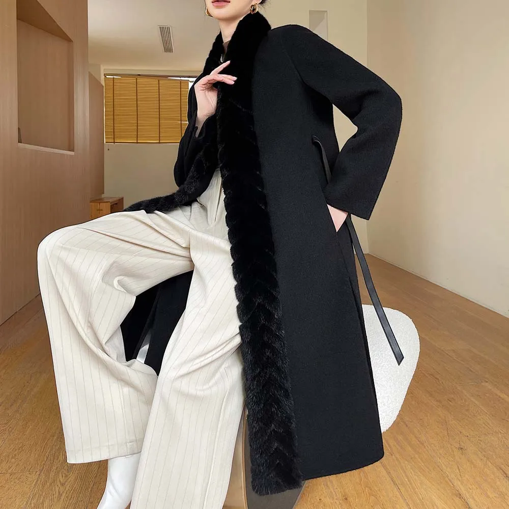 2025 inverno feminino jaqueta outerwear cinto 100% casaco de caxemira com gola de pele de vison real natural guarnição de pele de vison misturas de lã