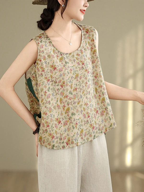 Lace Splice Side Slit Floral Print Small Vest Large Size Women's Svel round Ne Lightweight Breathable Linen Outdoor Top