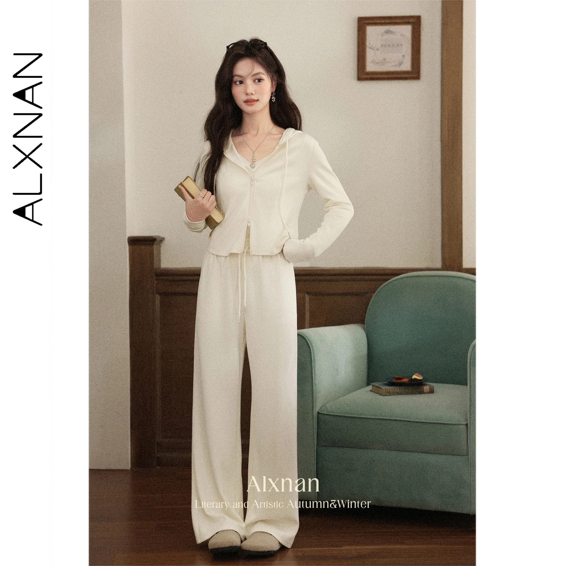 

ALXNAN Women's Apricot Casual Pants Soft Draped Fabric Wide-Leg Straight Trousers Loose Fit Slimming Fall Palazzo Pants L56898