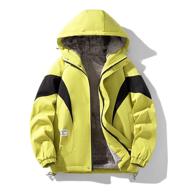

Autumn Winter Windproof Thermal Fleece-Lined Hooded parkas Jacket Men's Contrast Color Patchwork Workwear Jackets Plus Size 8XL