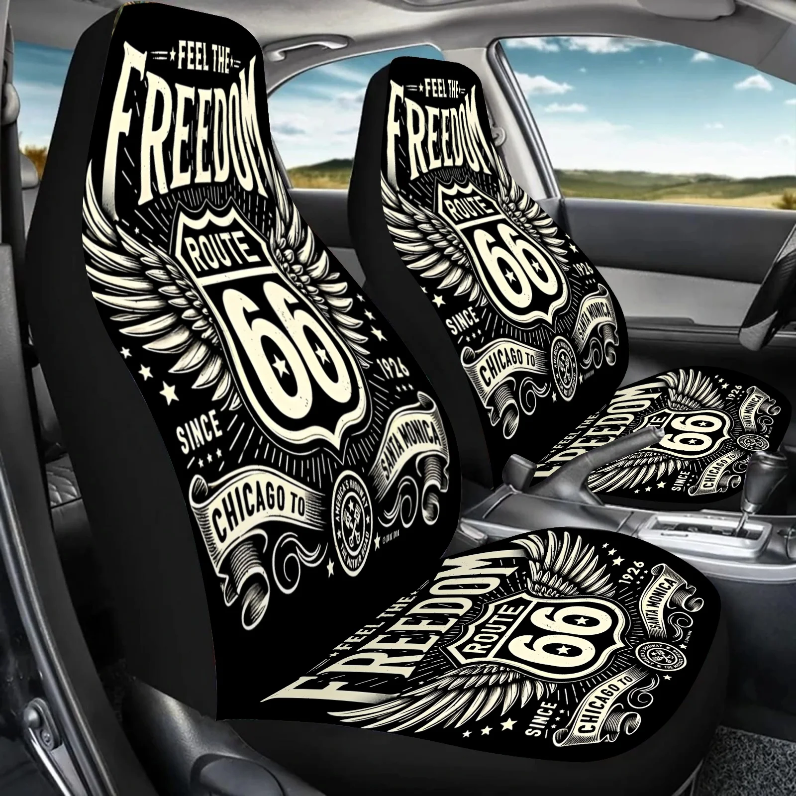 2 قطعة Route 66 أغطية مقاعد السيارة المطبوعة الفنية للنساء والرجال، واقي المقاعد الأمامية للسيارات العالمية يناسب السيارات وسيارات الدفع الرباعي والشاحنات، Enh