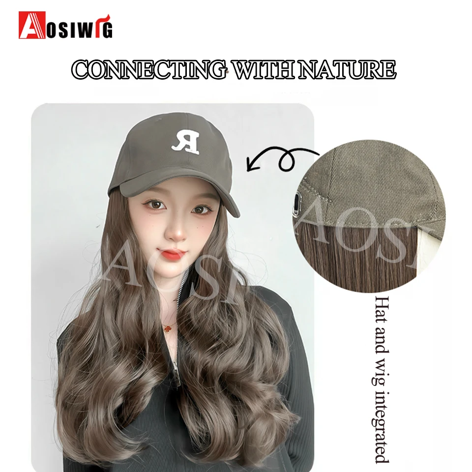 AOSI 16Inch Long Wavy Wig Synthetic Wig Baseball Cap Extensions Hat Wigs Cold Brown Adjustable Hairpiece for Women Daily Wear