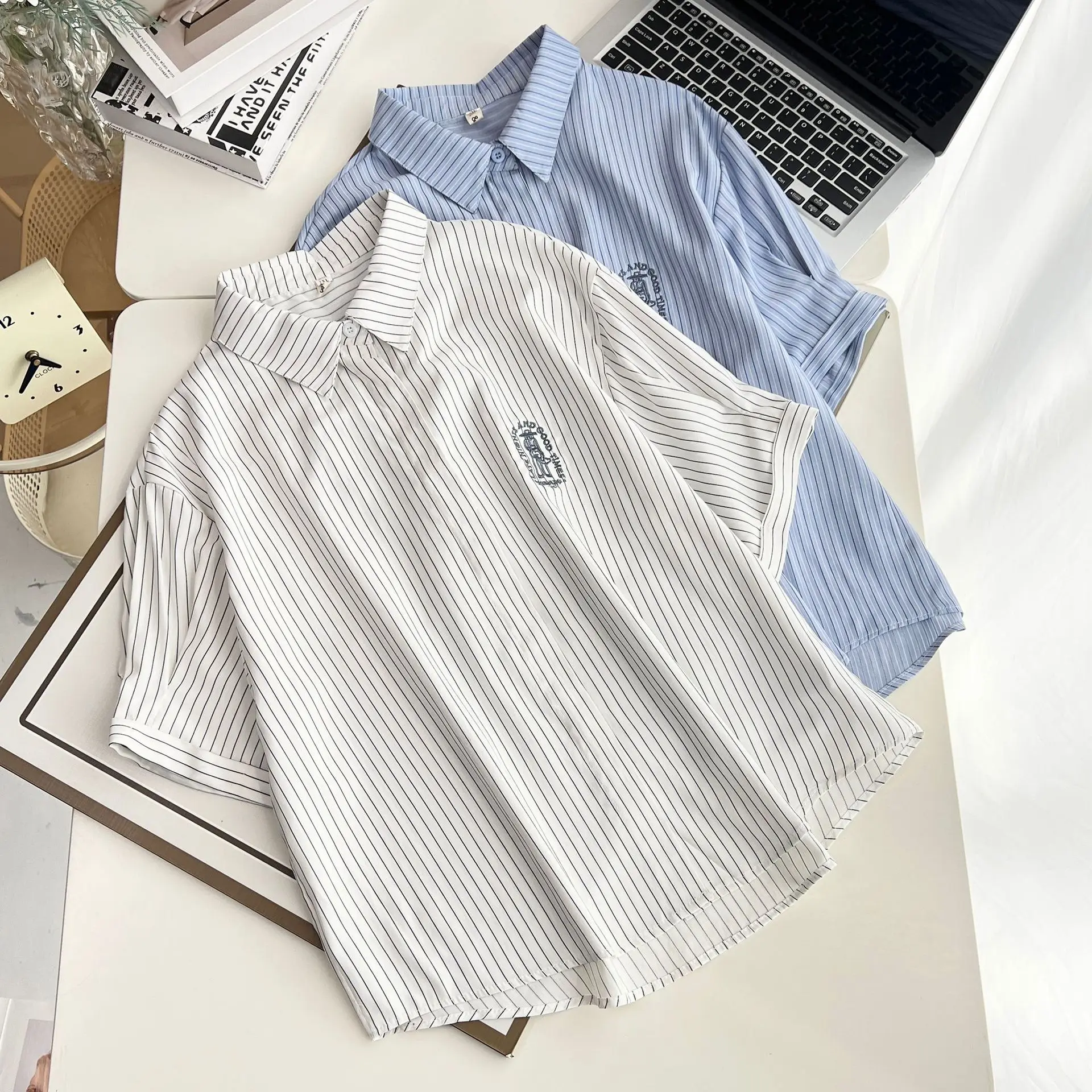 100kg Summer Plus Size Blouses New Casual And Elegant Embroidered Striped Short Sleeved Women's Shirt 2513