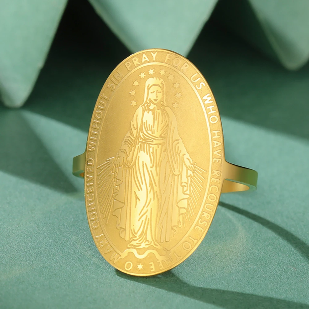 Dawapara مريم العذراء الدائري قابل للتعديل الأم المقدسة مريم الهدايا المسيحية نعمة حماية حلقة دينية مجوهرات من صلب لا يصدأ