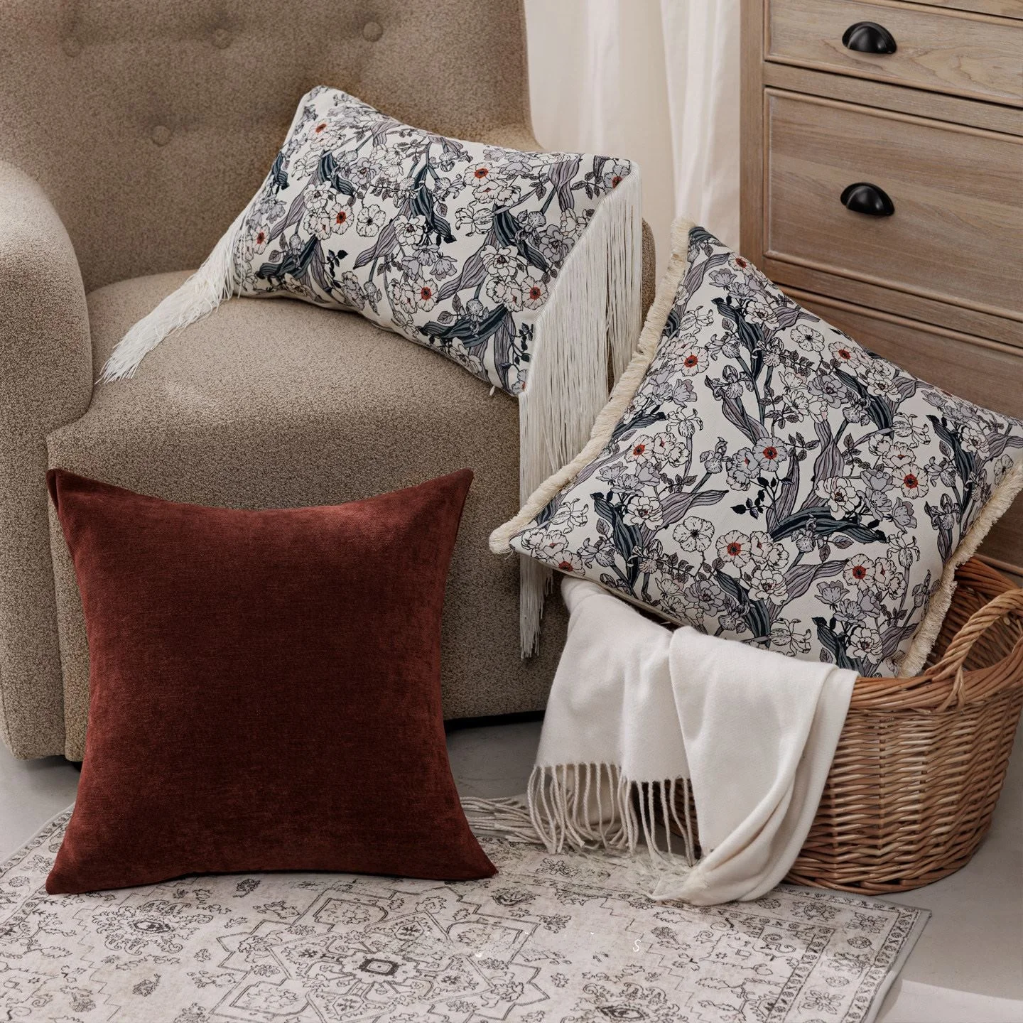 

Wanccold Vintage Pillowcase Caramel Color Rice White Sofa Living Room Villa Pillowcase Square Velvet Removable And Washable