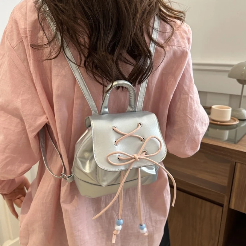 

Women's Leather Drawstring Stylish Handbag, Niche Design Versatile Solid Color Gentle Backpack Trend, Y2k， Magnetic Closure
