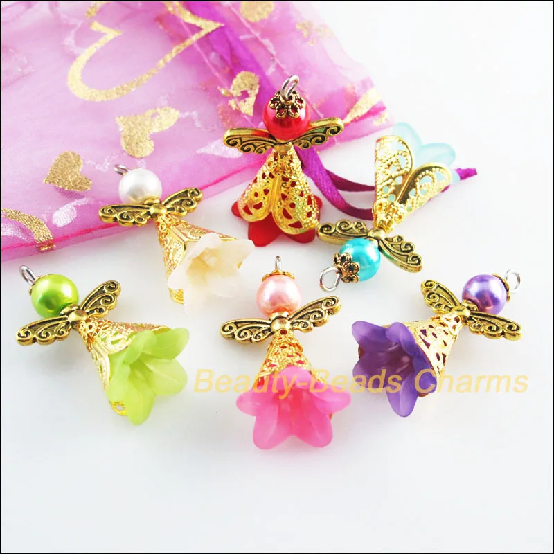 12Pcs Mixed Acrylic Angel Wings Antqiued Gold Color Charms Pendants 22x37mm