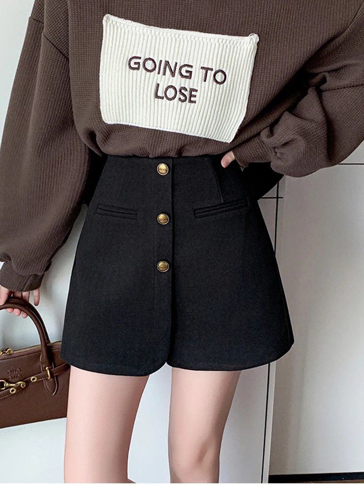 Vintage Winter Skirts Shorts Women Streetwear Loose Wide Leg Short Pants Femme Single Breasted Culottes Grey Black Brown Shorts