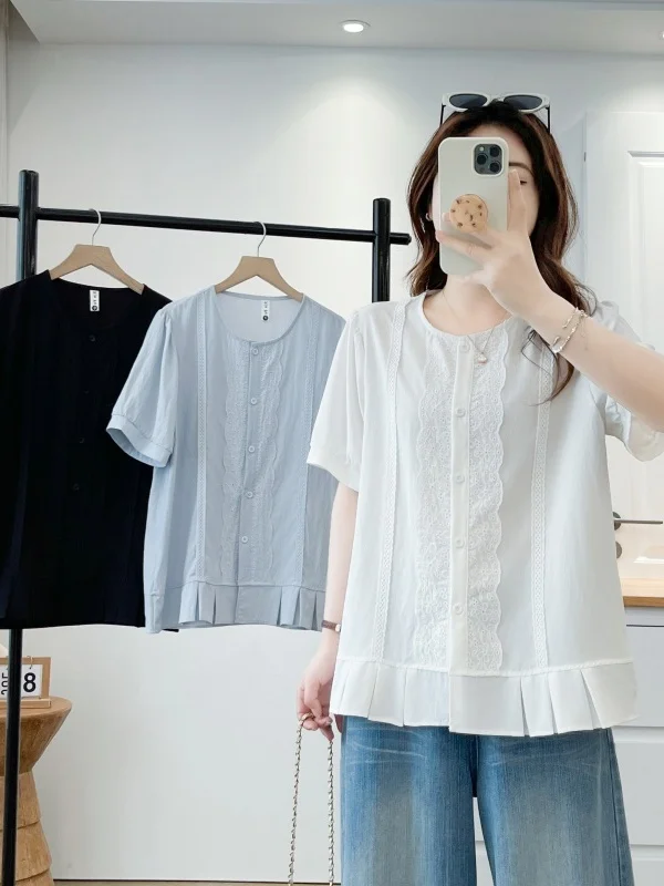 

Korean Style Lace Trim Patchwork Wooden Ear Bubble Sleeve Shirt Large Size Women Summer Anti Aging Versatile Sweet Small Shirt