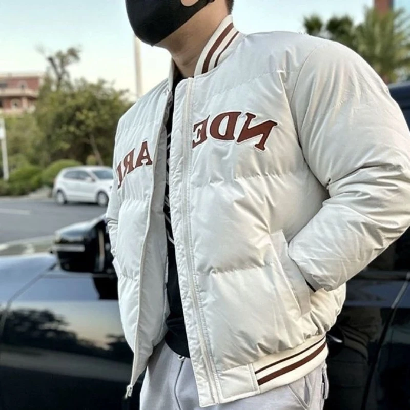 

​ 2025 модное бейсбольное пальто большого размера для мужчин, зимняя куртка в американском стиле с принтом алфавита, толстый хлопковый слой для полных парней ​