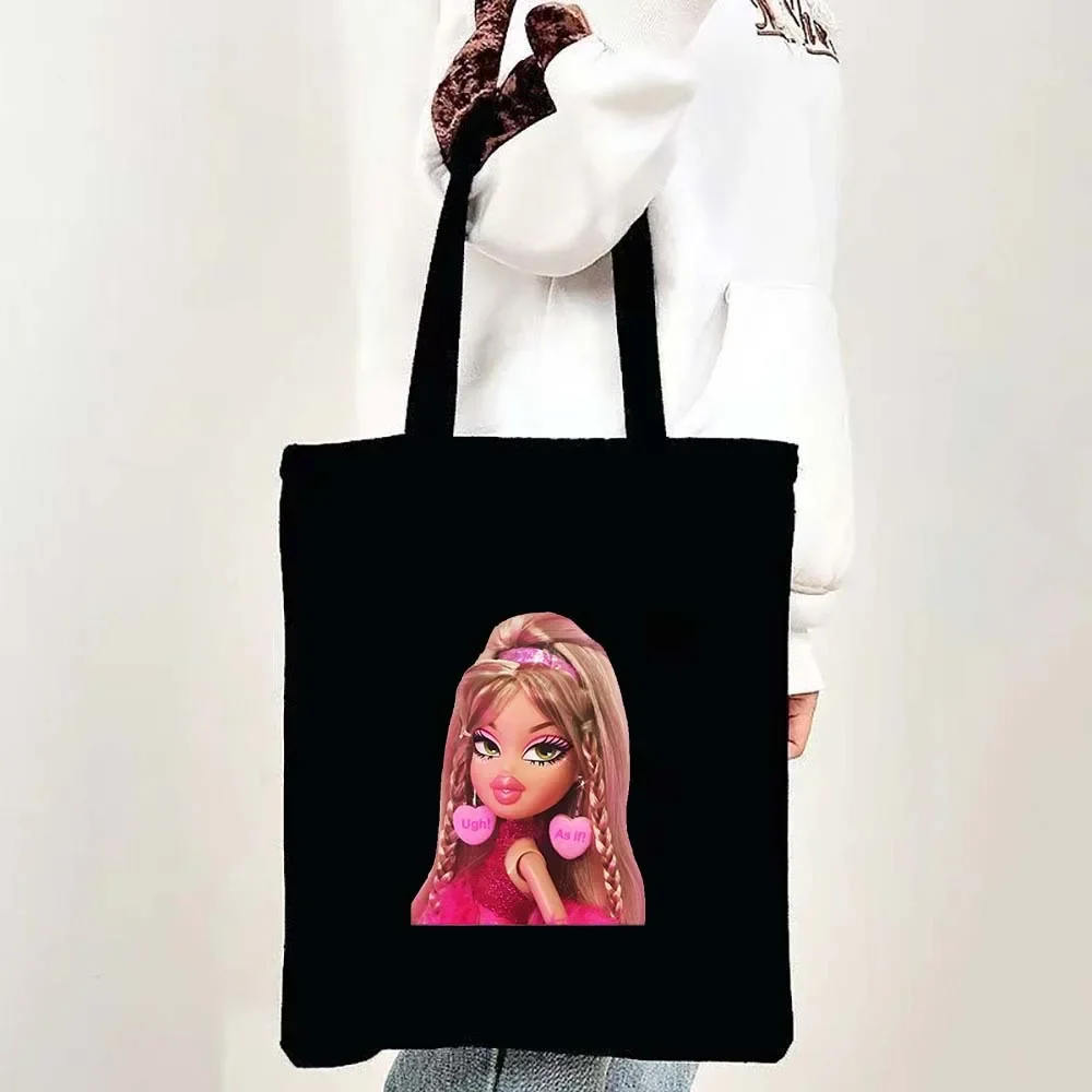 Sexy Lovely Cute Babygirl Bratz Doll Pink Girlz Cartoon Girl Women Shoulder Shopper Shopping Canvas Tote Bag Female Lady Handbag