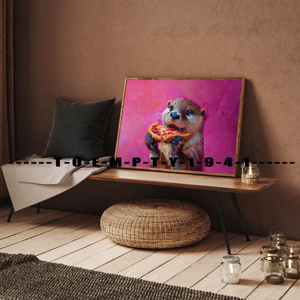 Cute Otter Eating Pizza Taking Shower Painting Poster Canvas Prints Kitchen Bathroom Wall Art Decor Otter Animal Aesthetic Decor