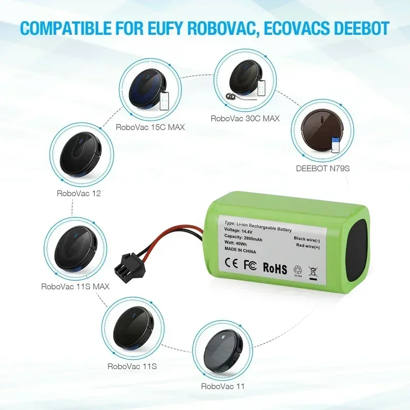 Bateria de íon-lítio 14.4v 2800mah para cocotec conga excelência 950 1092 ecovacs deebot dn621 601/605 eufy robovac 35c panda i7 v710