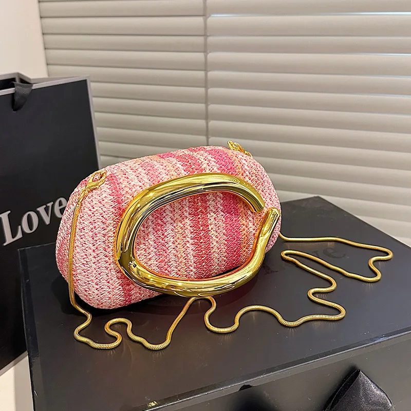 

Trendy Straw Woven Round Box Wristlet - Retro Metal Handle, Shoulder & Crossbody Box Bag Women