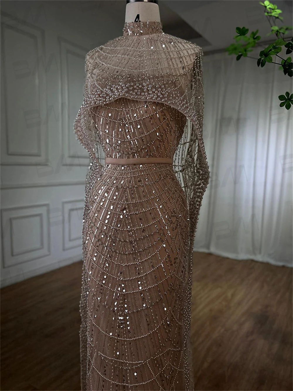Arabic Formal Dress For Women With Luxury Handmade Beads Real Photo High Neck Cape Caftan Mermaid Prom Dresses Party Gown