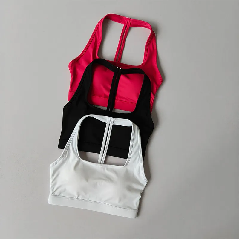 Gym T-shaped Quick Dry Halterneck Shock-proof Push-up Sports Bra Women's Training Yoga Wear One-cup High-intensity Running Vest