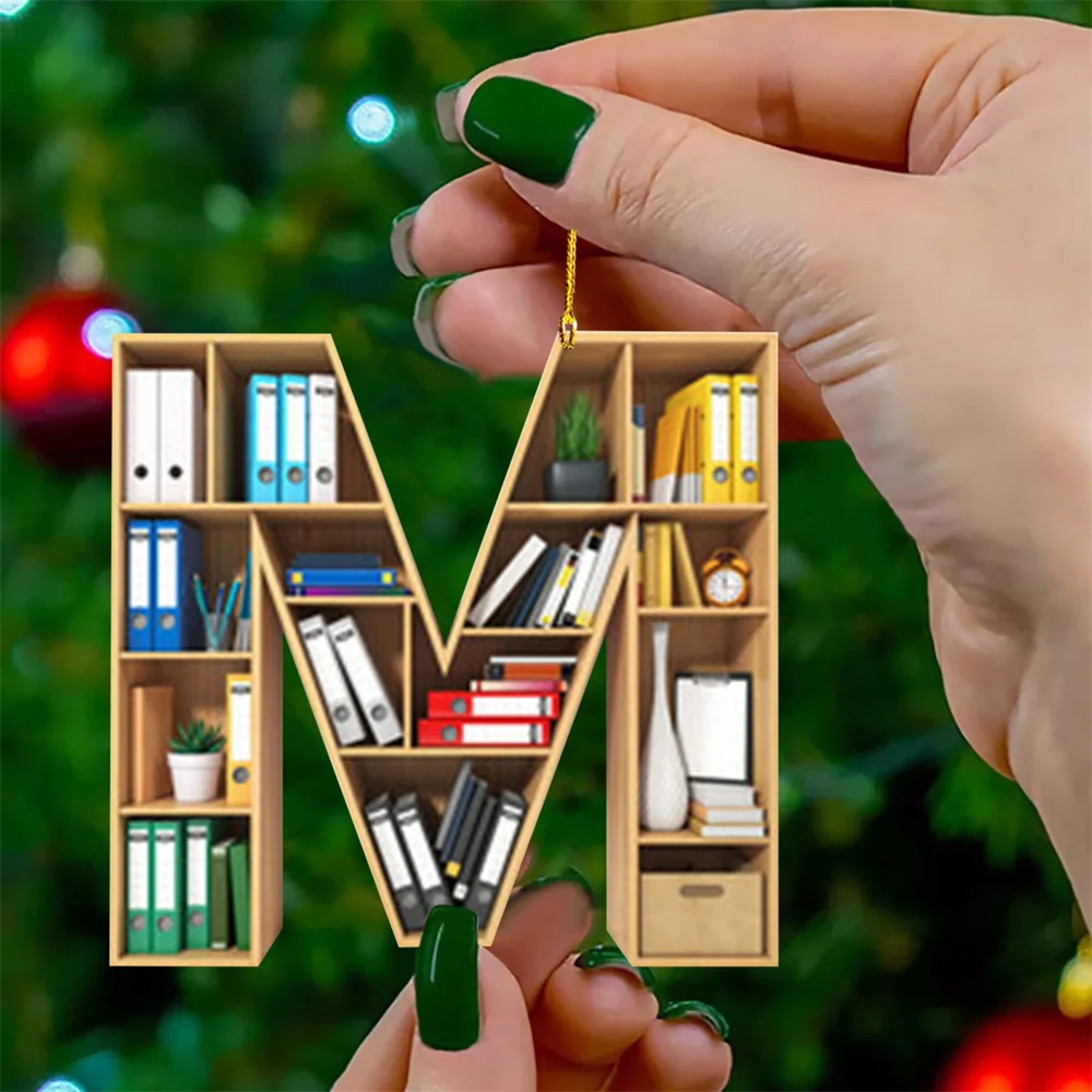 Letter Books Wooden Pendants Bookshelf Books Library Xmas Decor for School Librarian Assistant