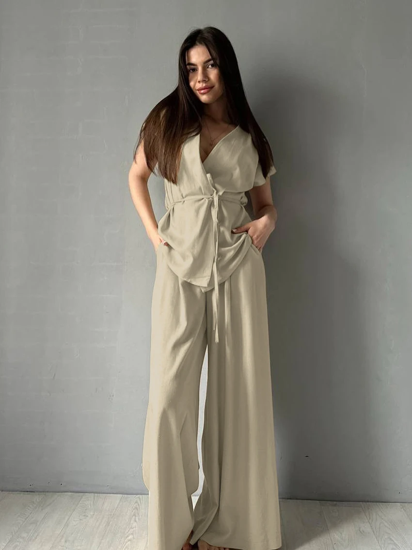

Marthaqiqi Autumn Ladies Sleepwear Set Lace Up Pajama Turn-Down Collar Nightwear Short Sleeve Nightie Pants Femme Nightgown Suit