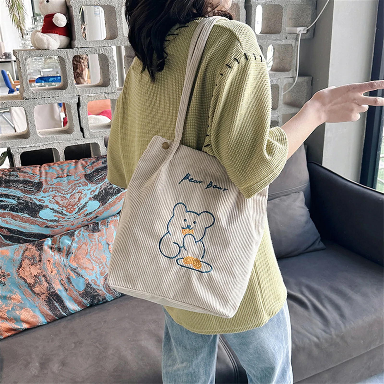 Women Corduroy Shoulder Bags Bear Pattern Ladies Casual Handbag Reusable Large Capacity Tote Bags Casual Female Shopping Bags