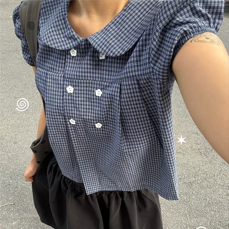 Kawaii Preppy Plaid Cropped Shirt Women Peter Pan Collar Puff Sleeve Double Breasted Flower Button Blouse Summer Y2K Streetwear