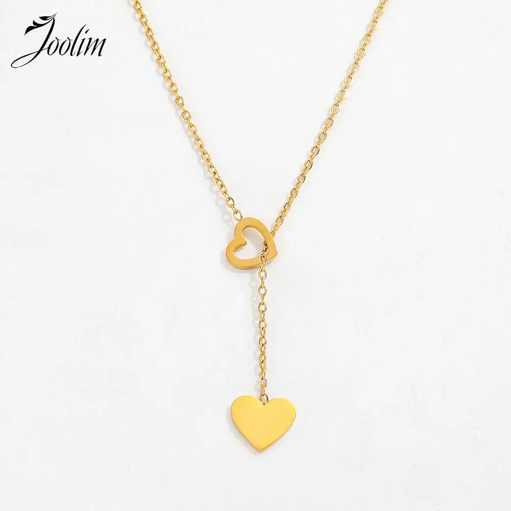 

Joolim Jewelry High End PVD Wholesale Non Tarnish Permanent Double Love Heart Pendant Toggle Stainless Steel Necklace for Women