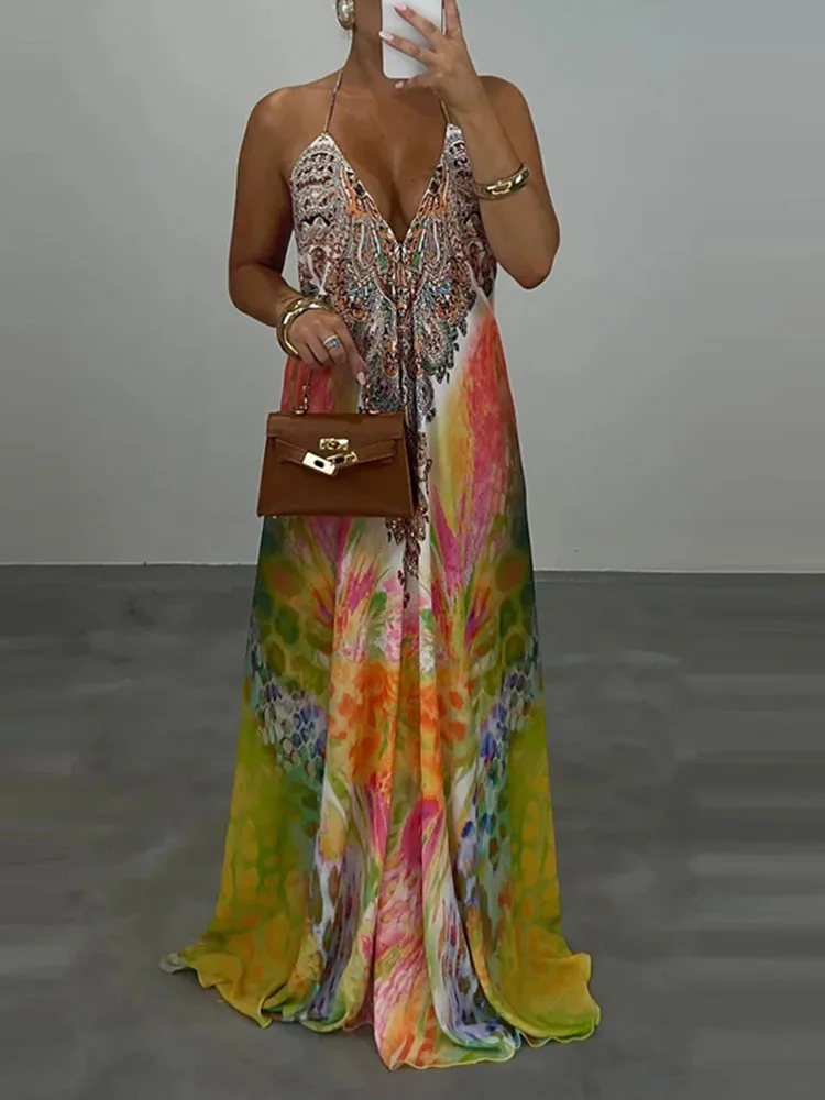 Casual High Waist Evening Party Dress Sexy V-neck Backless Sleeveless Vacation Robes Elegant Bohemian Printed Women Loose Dress - Image 6