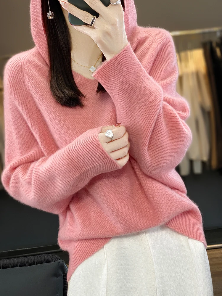 2023 Autumn/Winter New Bat Sleeved Cashmere Sweater Women\'s Clothing Hooded Pullover 100% Merino Wool Tops Fashion Sweatshirt