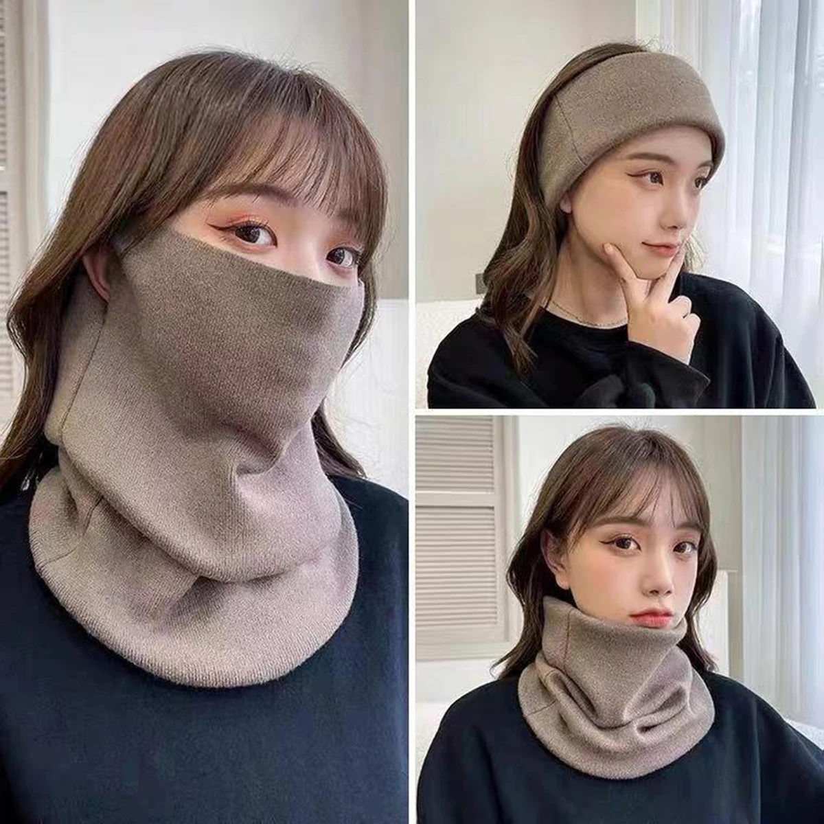 Winter Lady's Multifunctional Face Scarf Shield Solid Color Hanging Ear Mask Windproof and Warm for Women Outdoor Protect Neck