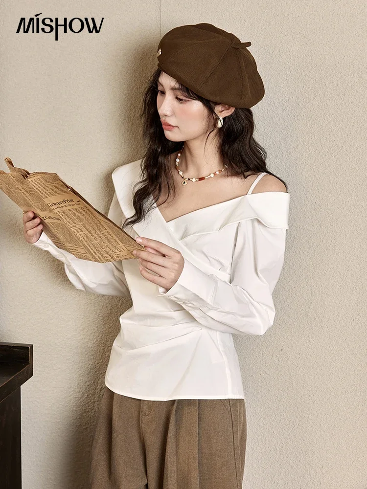 MISHOW Cross V-neck Off Shoulder Long Sleeve Shirt for Women Autumn 2024 100 Cotton Sloping Shoulders Pleats Shirts MXD44C0347