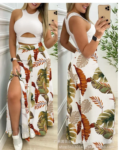 Two Piece Sets Womens Outifits 2022 Summer New Fashion Round Neck Sleeveless Short Top & Contrast Color Split Wide Leg Pants Set