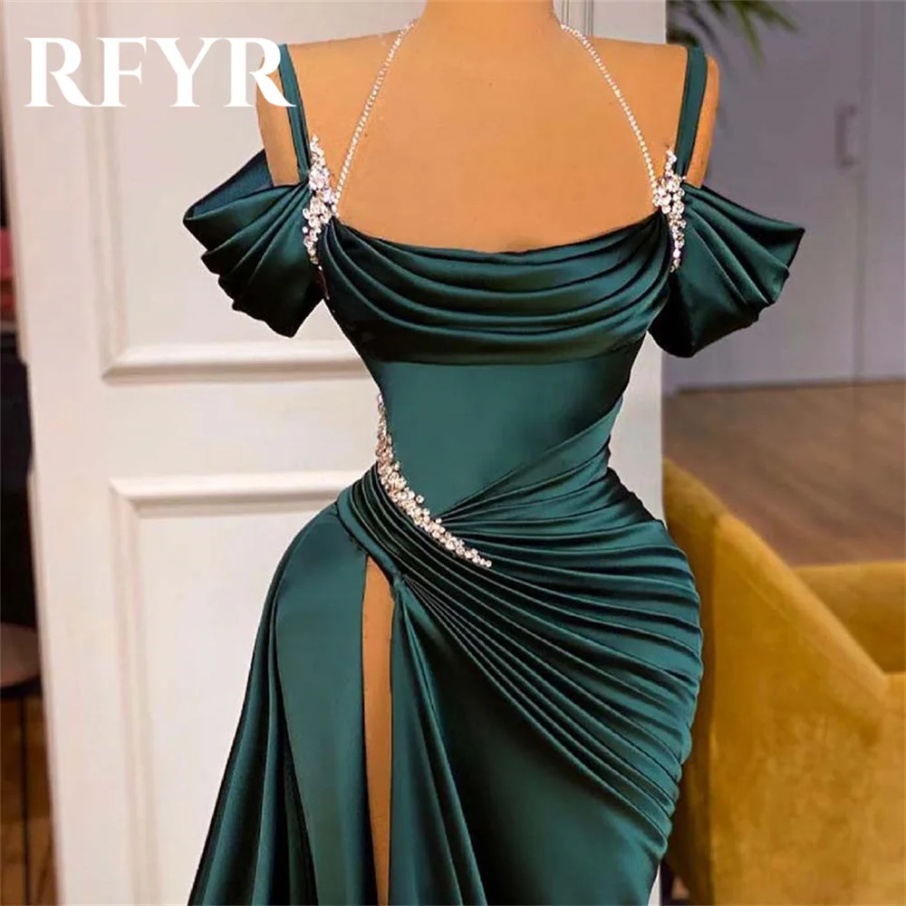 RFYR Green Prom Dresses Off The Shoulder Mermaid Long Evening Dress O-Neck Sequins Robe De Soirée with Pleats Split Party Dress