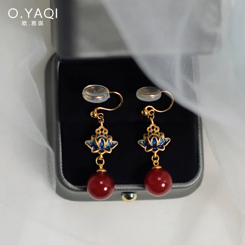 Chinese Style Vintage Enamel Lotus Red Agate Dangle Earrings For Women Two Versions Ear Hook And No Piercing Clip On Earrings