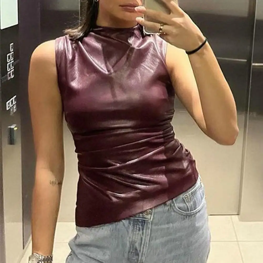 PU Leather Tank Top Women Fashion Motorcycle Vest Asymmetrical Ruched Sleeveless Blouse Winter Sexy T Shirt Women Clothes