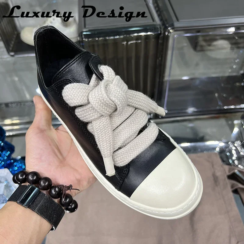 Popular Rock Gray Casual Shoes Men 2022 Low Top Pink Genuine Leather Ro Big Jumbo Lace Up Thick Sole Women Luxury Black Sneakers